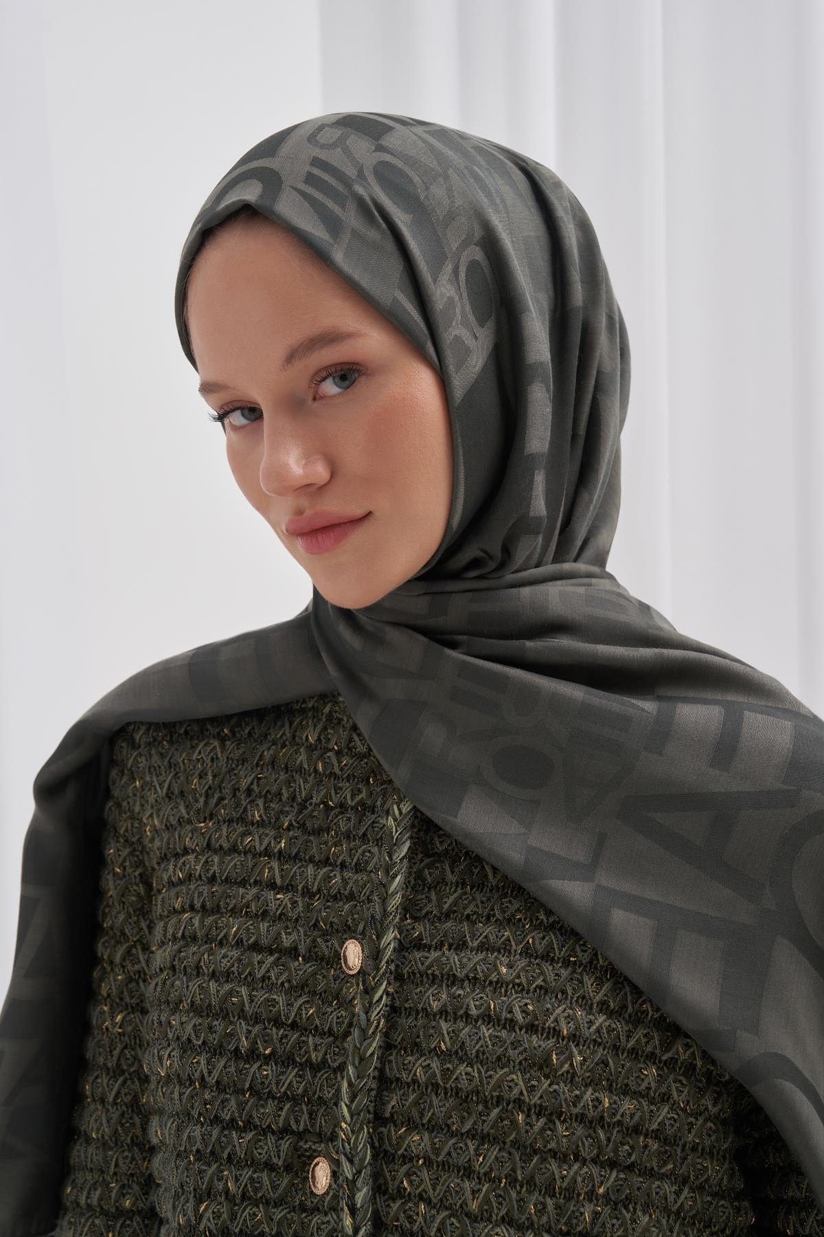 Script Pattern Jacquard Italian Silk Scarf Army Green