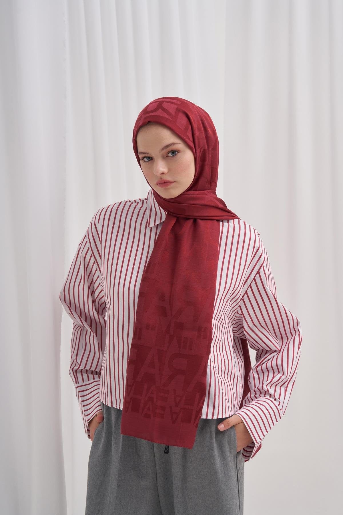 Script Pattern Jacquard Italian Silk Scarf Burgundy