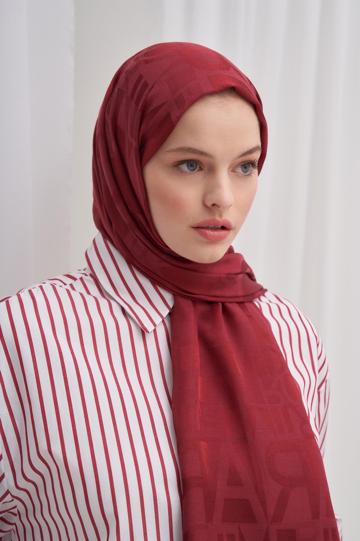 Script Pattern Jacquard Italian Silk Scarf Burgundy