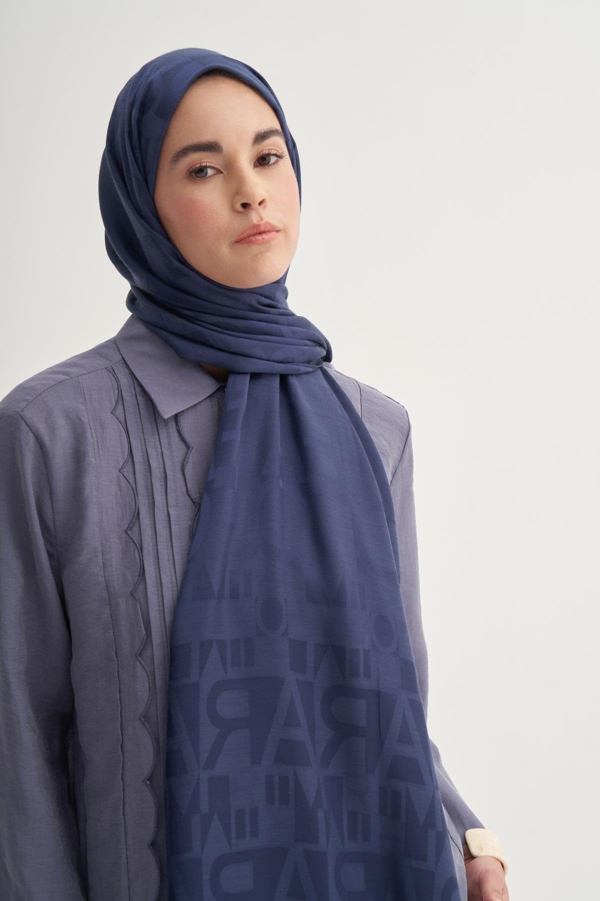 Script Pattern Jacquard Italian Silk Scarf Deep Blue