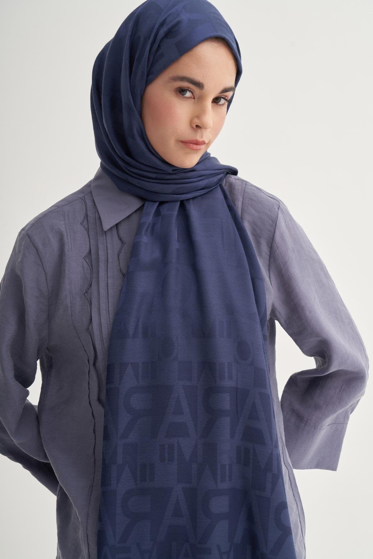 Script Pattern Jacquard Italian Silk Scarf Deep Blue