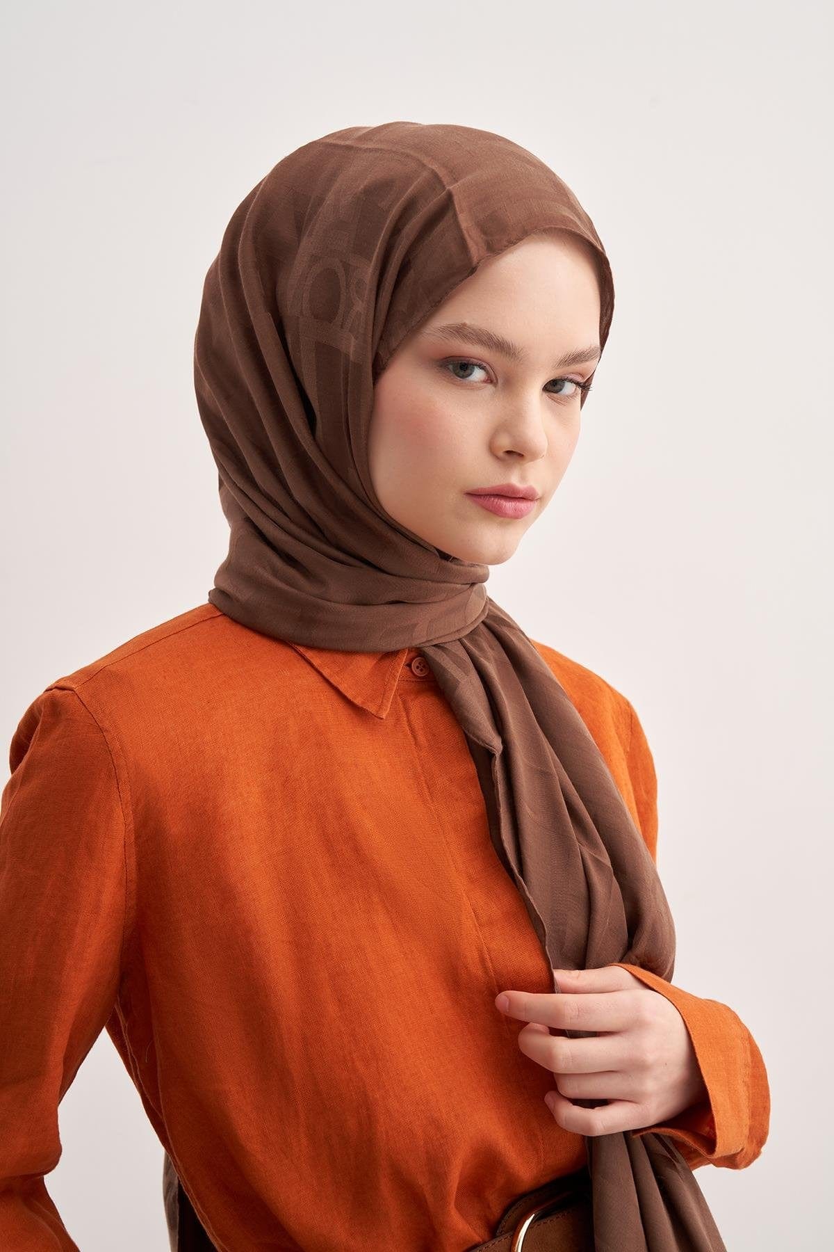 Script Pattern Jacquard Italian Silk Scarf Dusty Brown