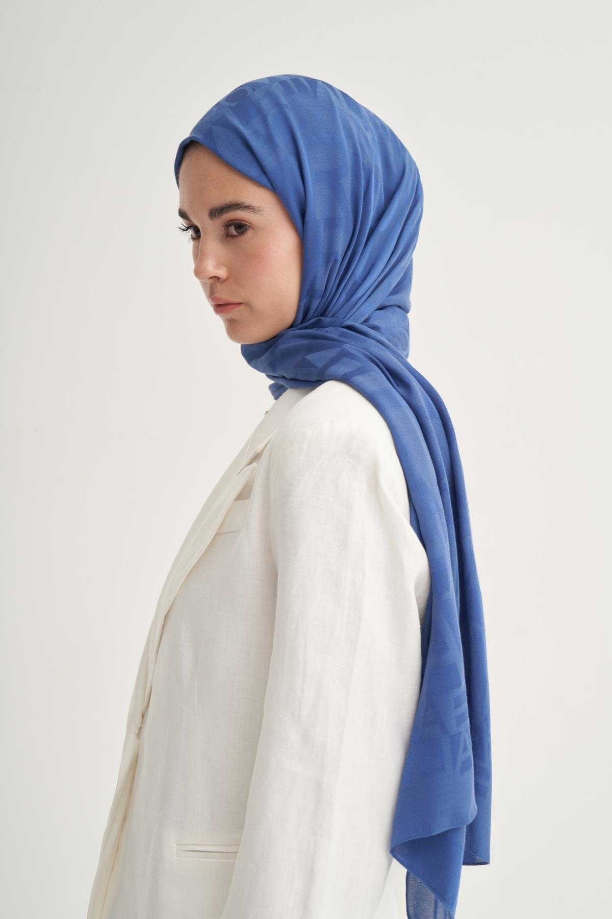 Script Pattern Jacquard Italian Silk Scarf Indigo
