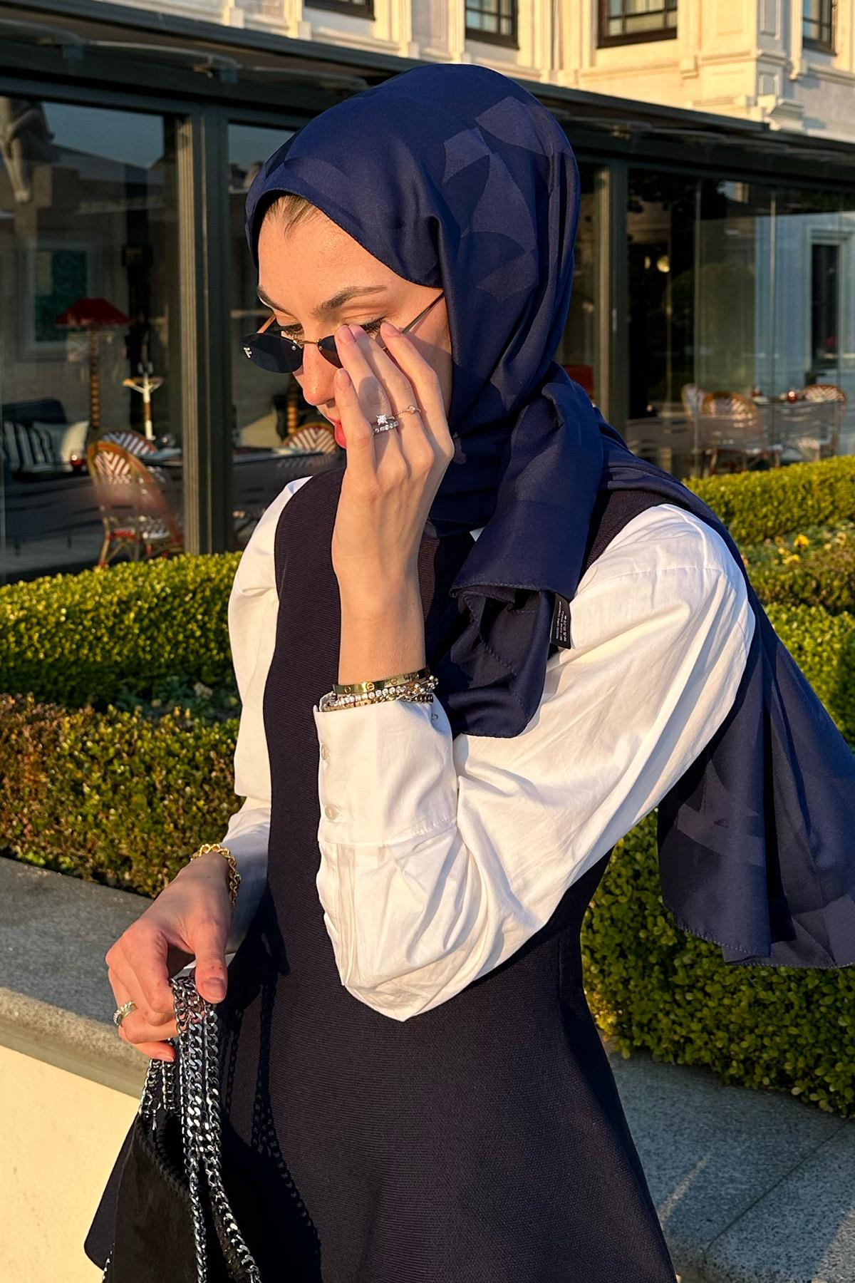 Sena Urek's Choice: C Pattern Monogram Cotton Silk Scarf Dark Navy