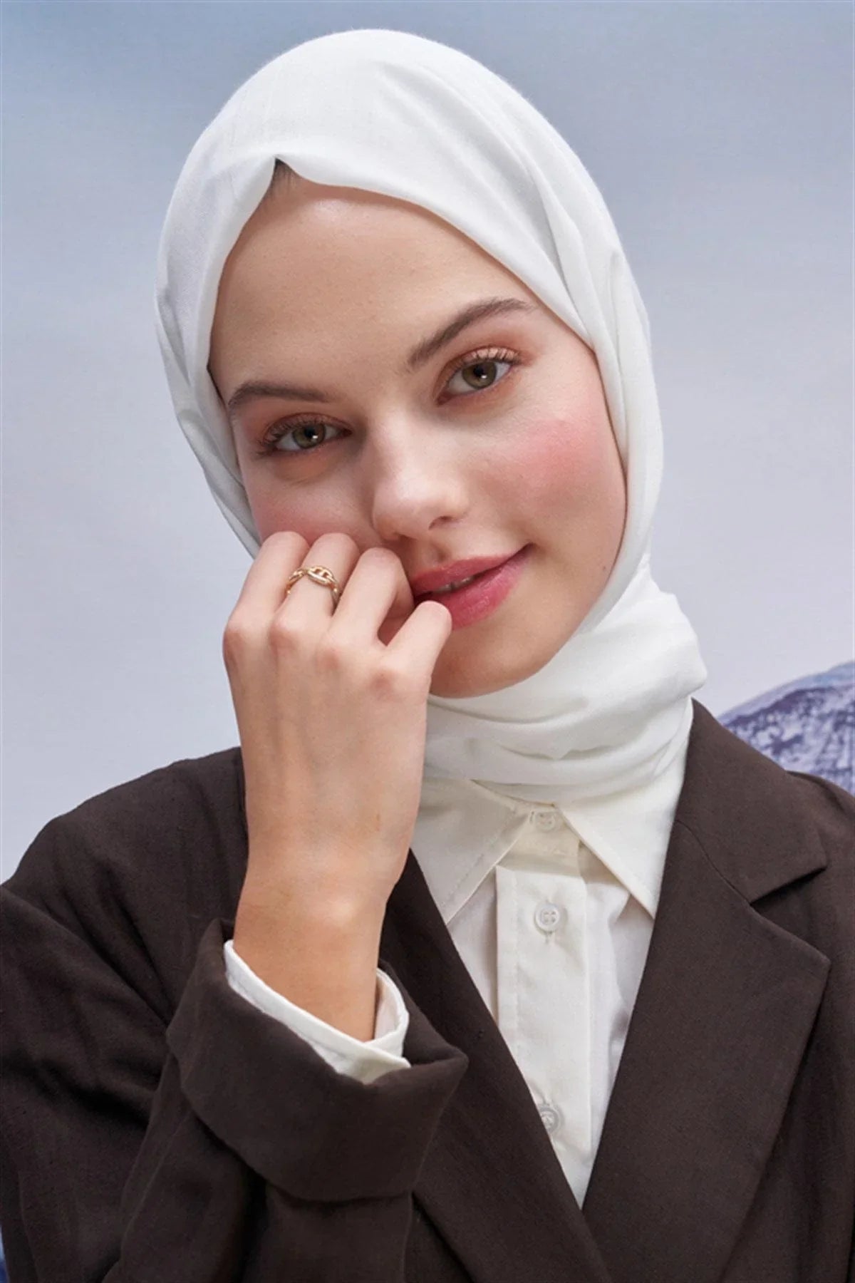 Square Patterned Modal Jacquard Scarf Ecru