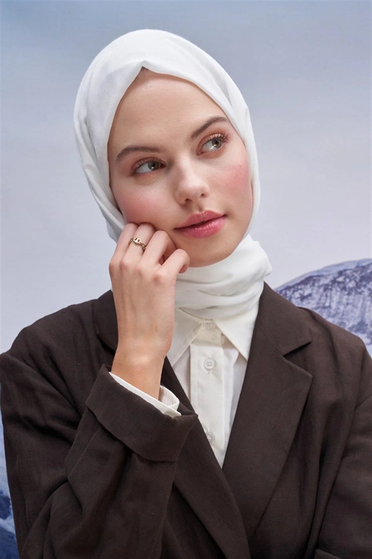 Square Patterned Modal Jacquard Scarf Ecru