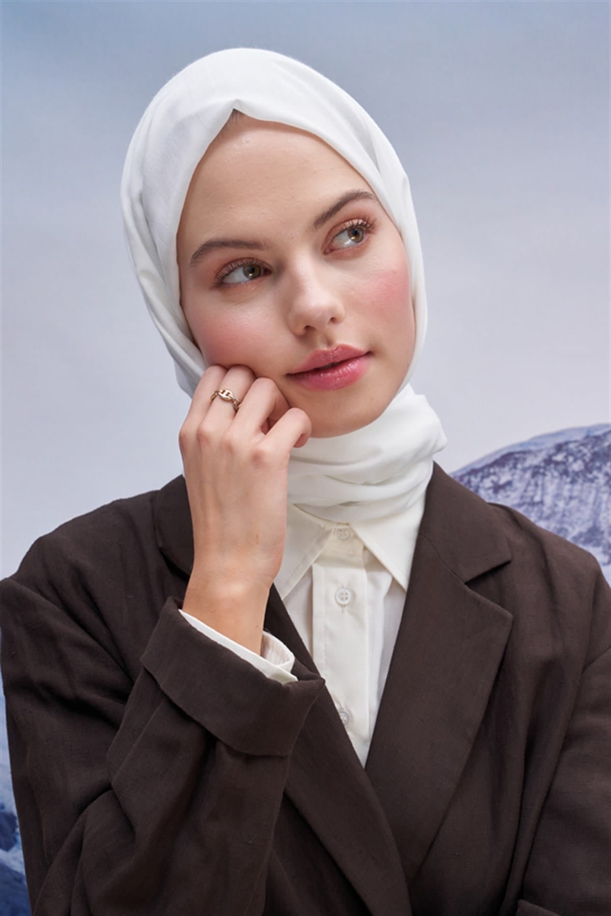 Square Patterned Modal Jacquard Scarf Ecru