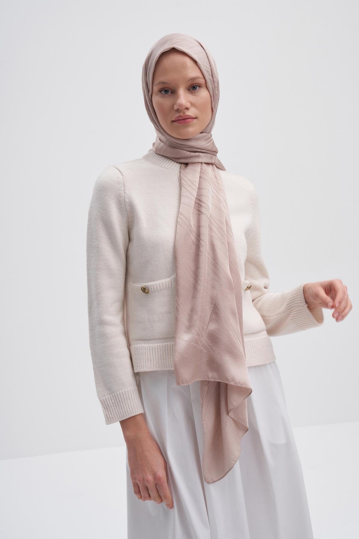 Symmetric Jacquard Italian Silk Scarf Beige