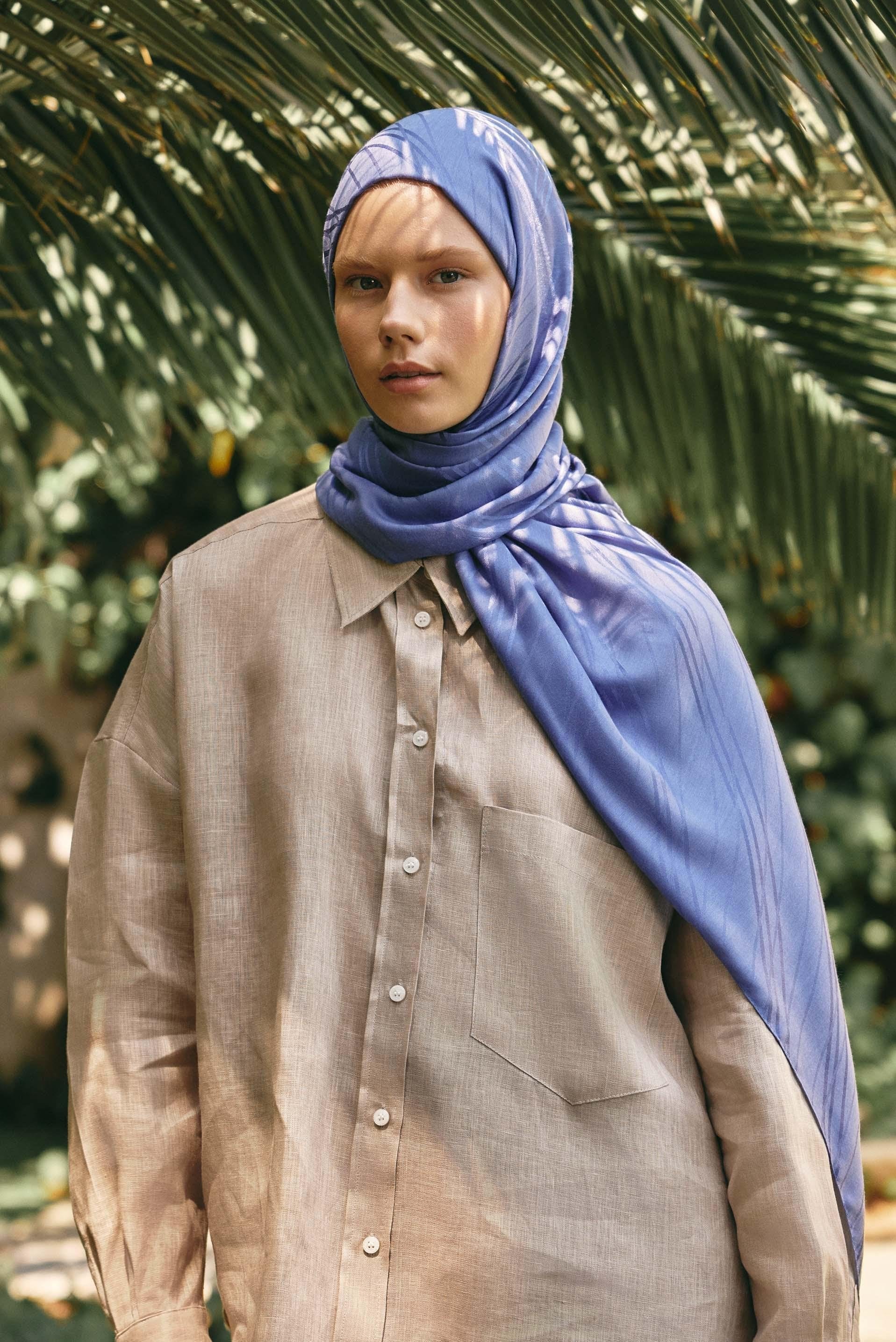 Symmetric Jacquard Italian Silk Scarf Denim Blue