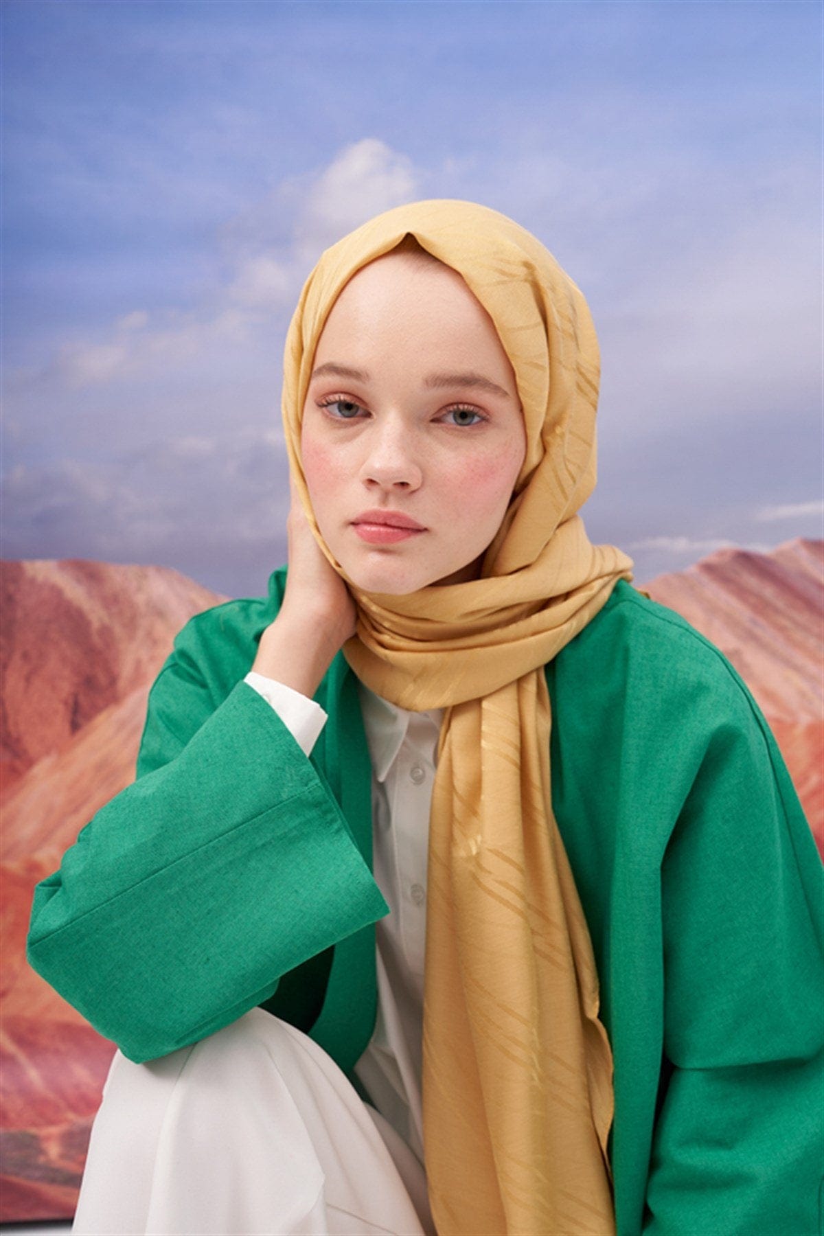 Symmetric Jacquard Italian Silk Scarf Mustard