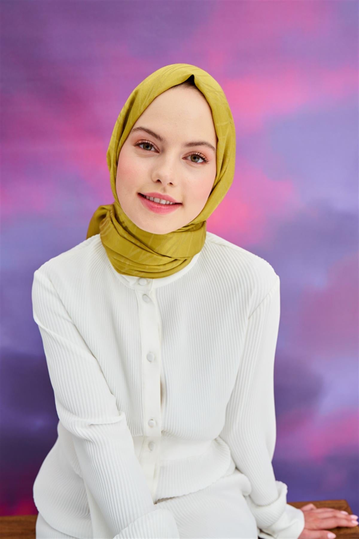 Symmetric Jacquard Italian Silk Scarf Mustard