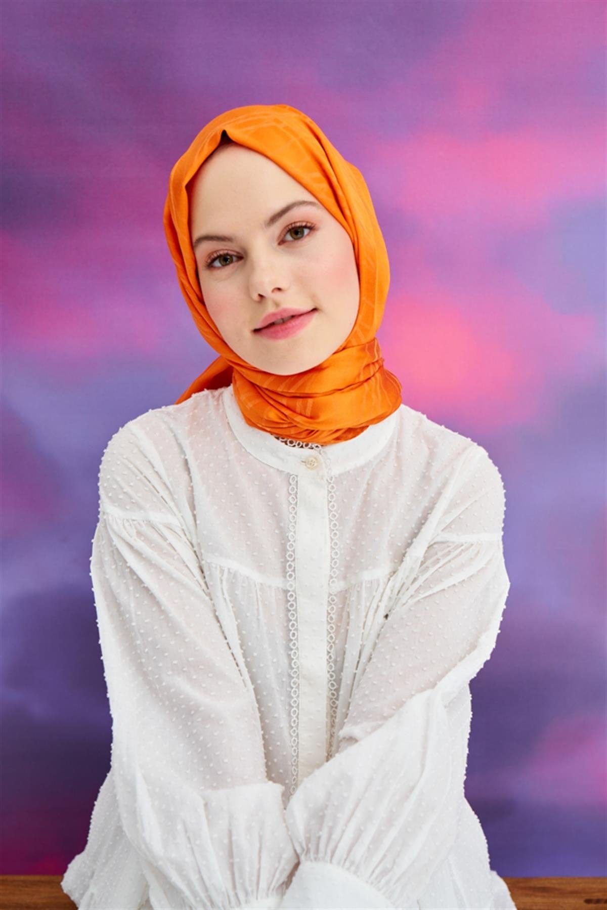 Symmetric Jacquard Italian Silk Scarf Orange