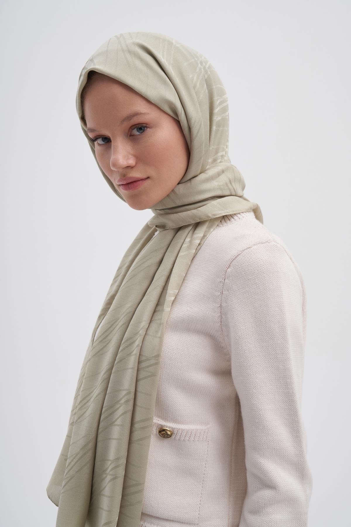 Symmetric Jacquard Italian Silk Scarf Soft Green
