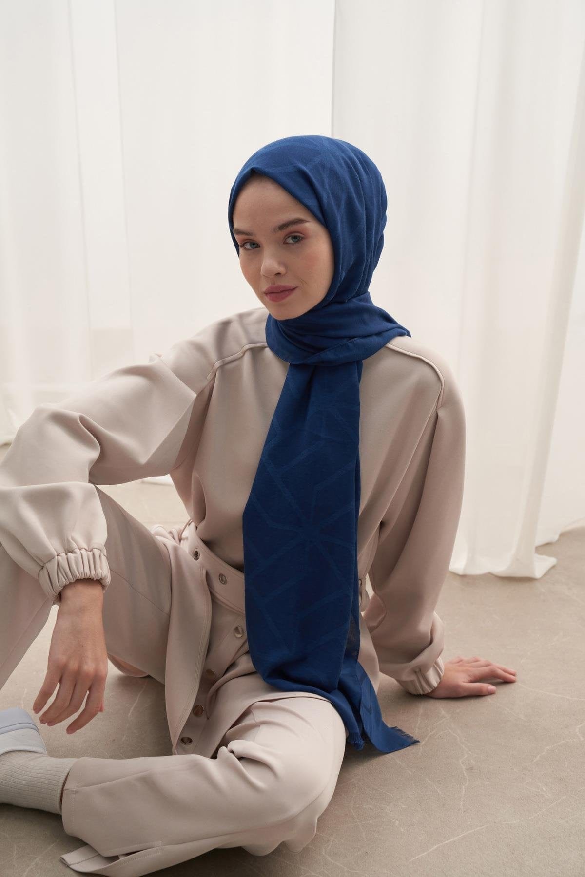 Vence-Double Sided Geometric Pattern Scarf Petrol Blue
